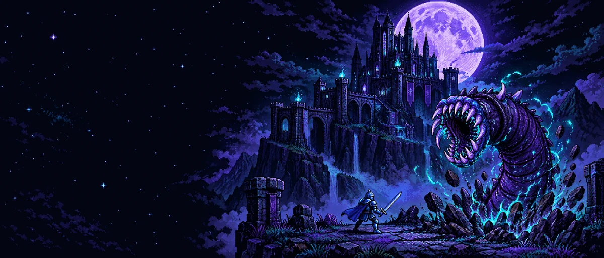 Pixel art: cavaleiro de armadura azul ergue a espada diante de um verme gigante que irrompe do chão em faíscas ciano, com um castelo e a lua cheia ao fundo