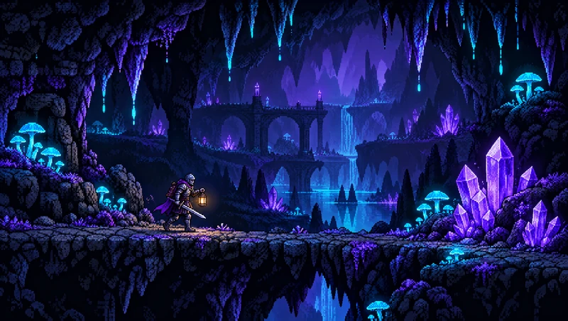 Pixel art: cavaleiro com lanterna e espada caminha por uma caverna com cristais violeta e cogumelos luminosos