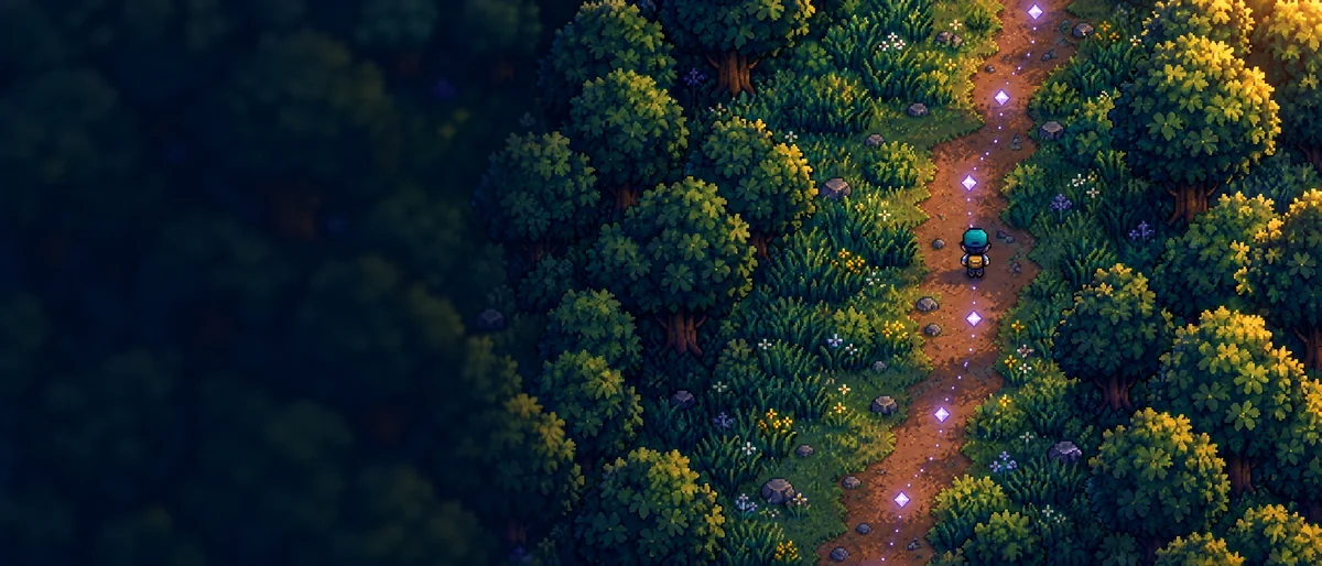 Pixel art vista de cima: treinador de boné verde-água segue por uma trilha de terra na floresta, marcada por pontos de rota violeta